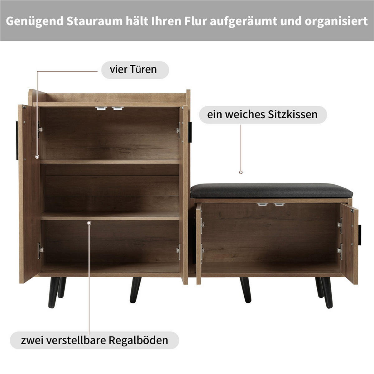 SCHUHSCHRANK Schuhbank 120x34x82 cm Metallgriffe Braun - Braun, Holz (120/82/34cm) - Kaket