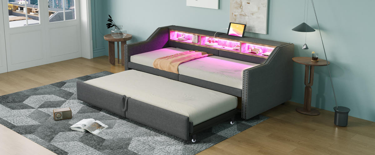 BETT 90/180/200 cm dunkelgrau aus Leinen mit USB-Buchse und LED-Licht - Dunkelgrau, Textil (90/200cm) - OKMYHOME