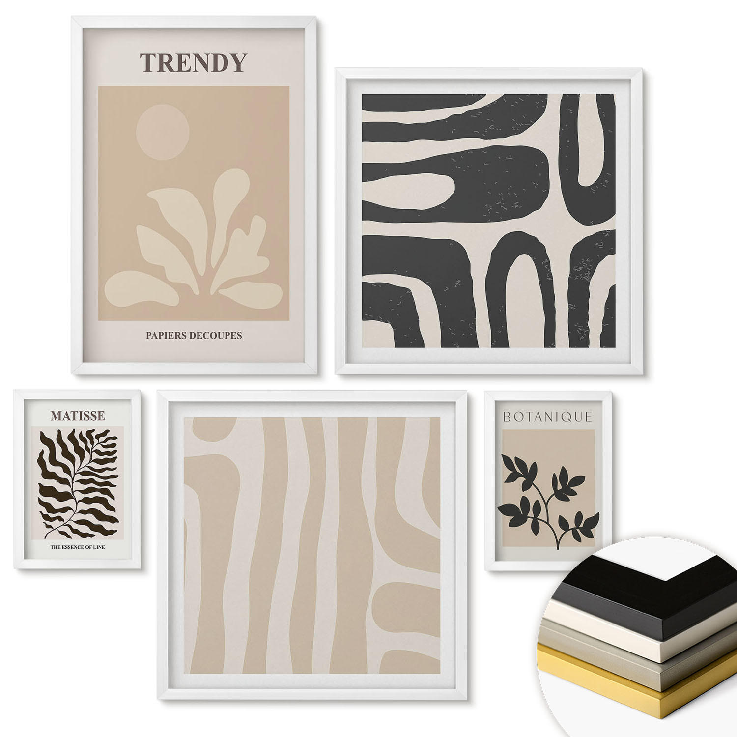 WANDBILDER 5er-Set - 50x50 cm & 20x30 cm & 40x60 cm Weißer Rahmen - Stilvolle Pflanzenmuster in Beige und Schwarz - Weiß, Kunststoff (40/60cm) - ArtPrintCave