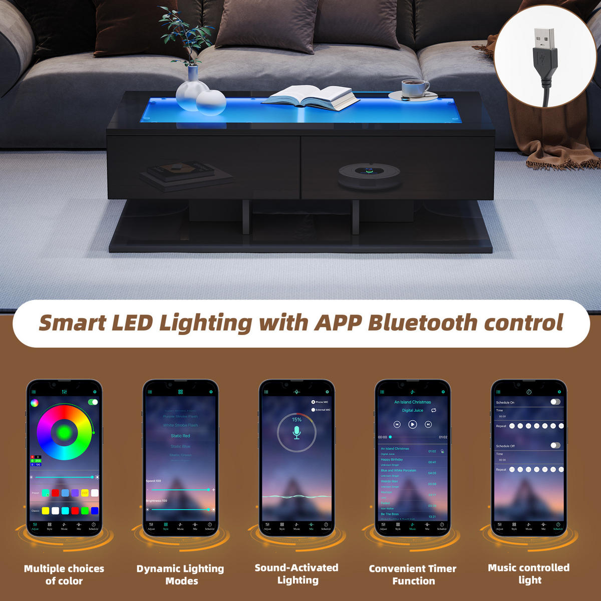 COUCHTISCH aus Spanplatte und gehärtetem Glas 100x50x35 cm Schwarz mit LED-Beleuchtung und 2 Schubladen - Schwarz, Holzwerkstoff (100/50/35cm) - IVMEU