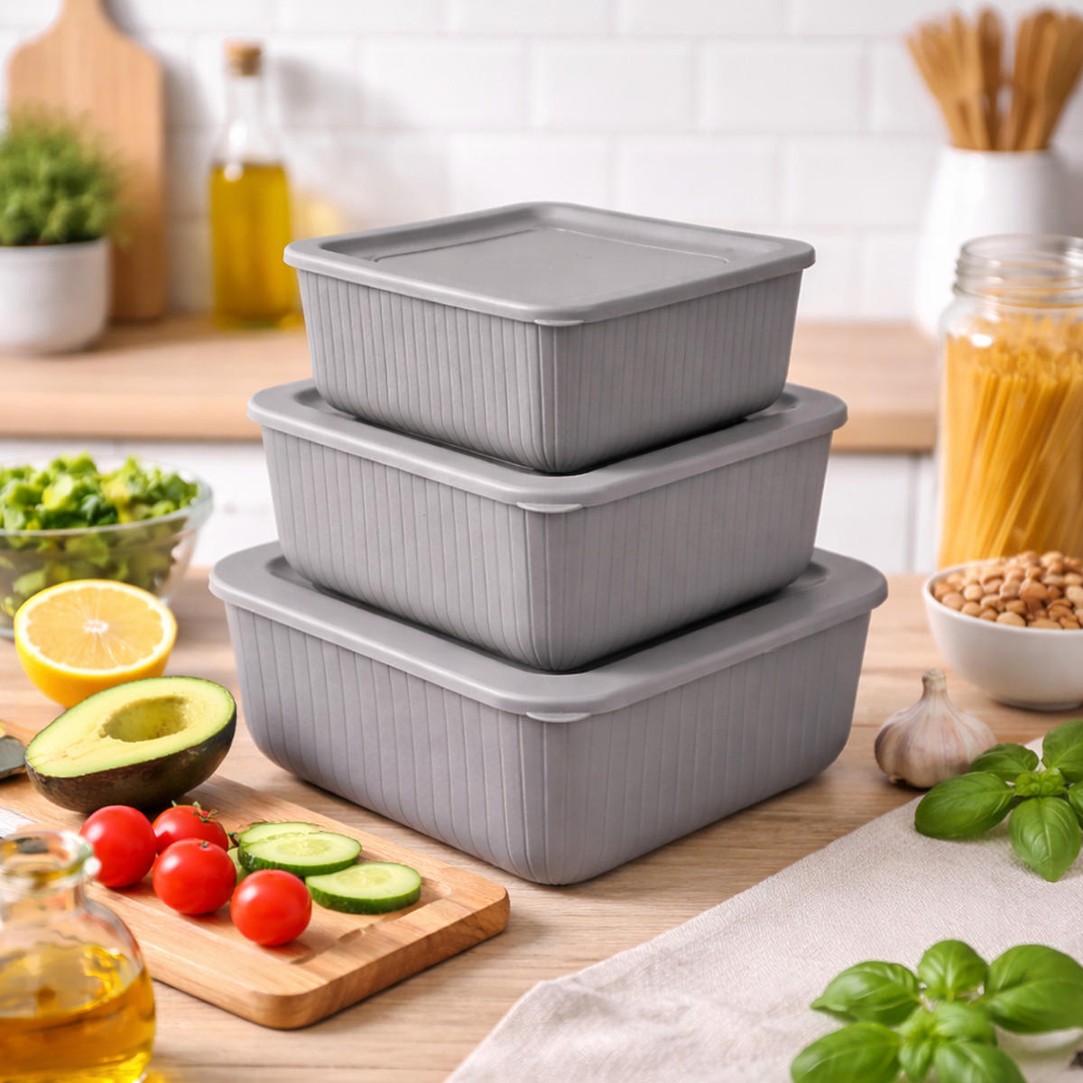 VORRATSDOSEN 3-teilig 0,5L/1L/1,5L Grau - Grau, Kunststoff - ProHome