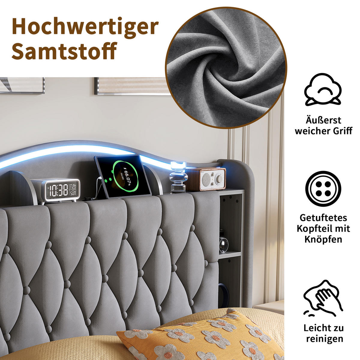 POLSTERBETT 140x190 cm mit Bettkasten, LED & USB, Doppelbett mit Kopfteil Stauraum und kabellosem Laden, Grau - Grau, Metall (140/190cm) - EuroLiving