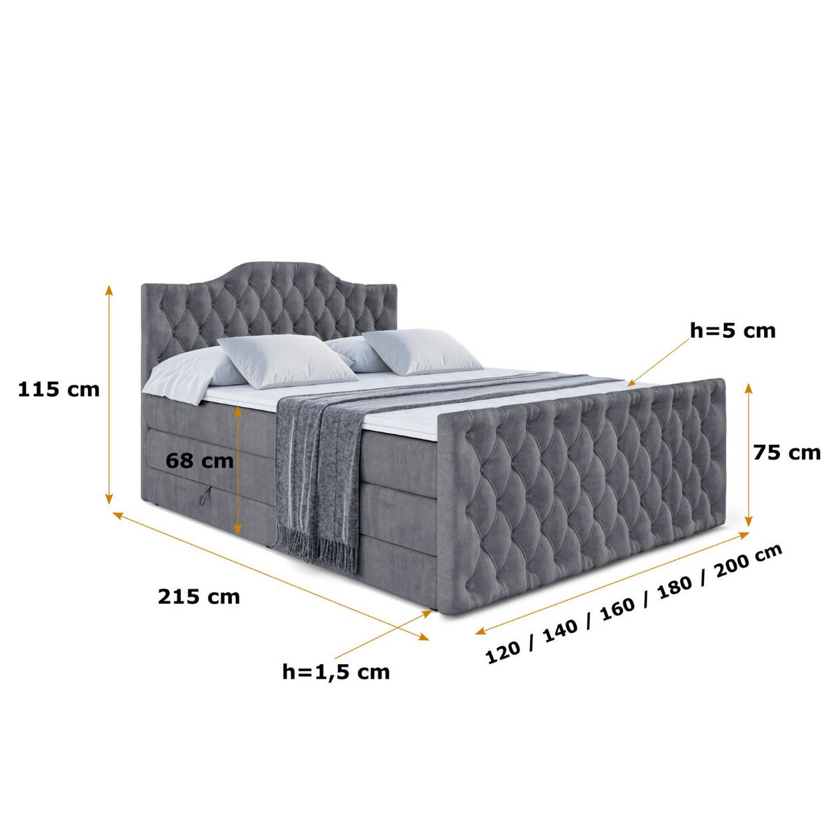 BOXSPRINGBETT VILA-1-Z KING - 160x200 - H3/H4 - Dunkelgrau - Dunkelgrau, Holzwerkstoff (160/200cm) - ALTDECOR