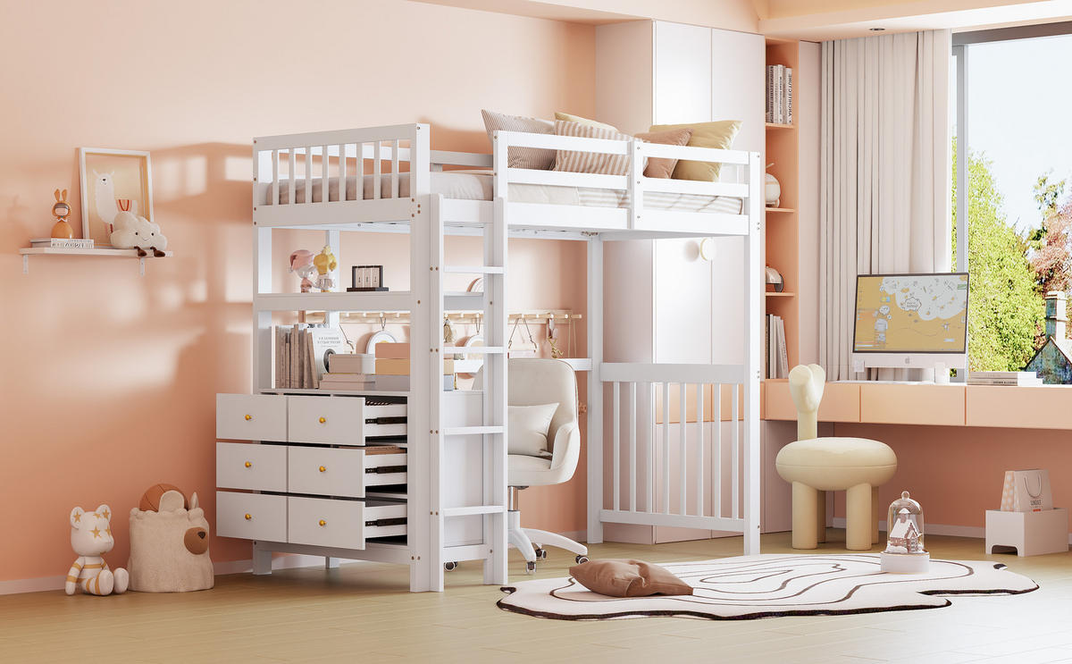 HOCHBETT 90x200 cm Schubladen Regal weiß - Weiß, Holz (90/200cm) - LEBENLANG