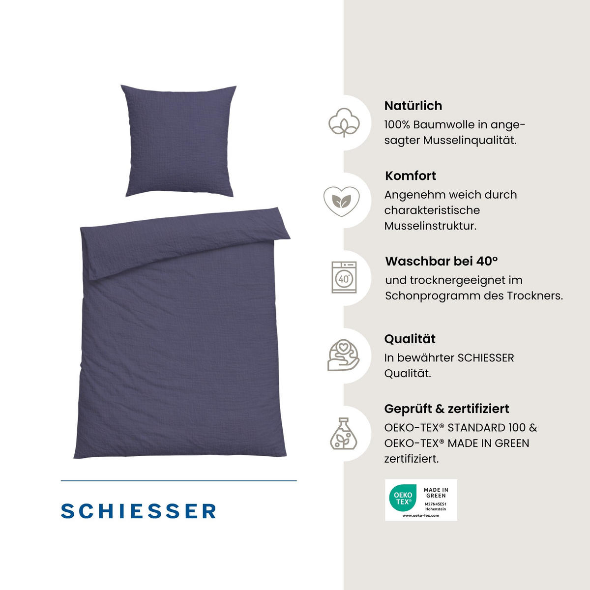 BETTWÄSCHESET Molly - Musselin - 2-teilig - 135 x 200 cm - Indigo - Dunkelblau, Textil (135/200cm) - SCHIESSER