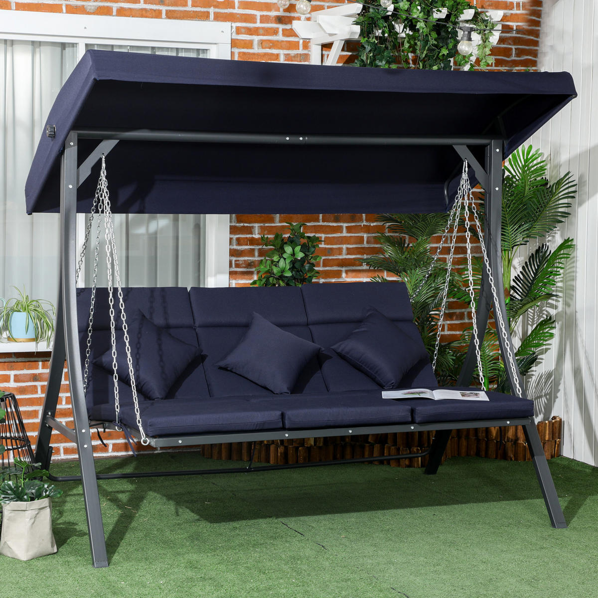 HOLLYWOODSCHAUKEL aus Eisen 156x89x168 cm in Dunkelblau mit verstellbarem Sonnendach - Dunkelblau, Metall (89/168/156cm) - Modfu
