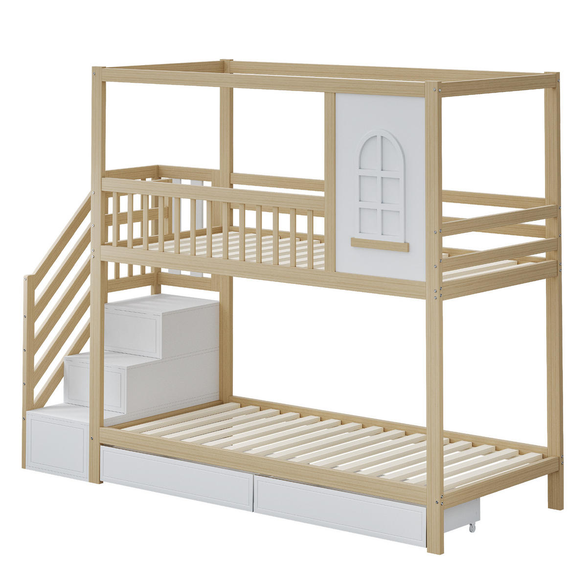 ETAGENBETT 90/200 cm aus Massivholz mit Stauraum und Sicherheitsleiter - Naturfarben, Holz (90/200cm) - BEAOK