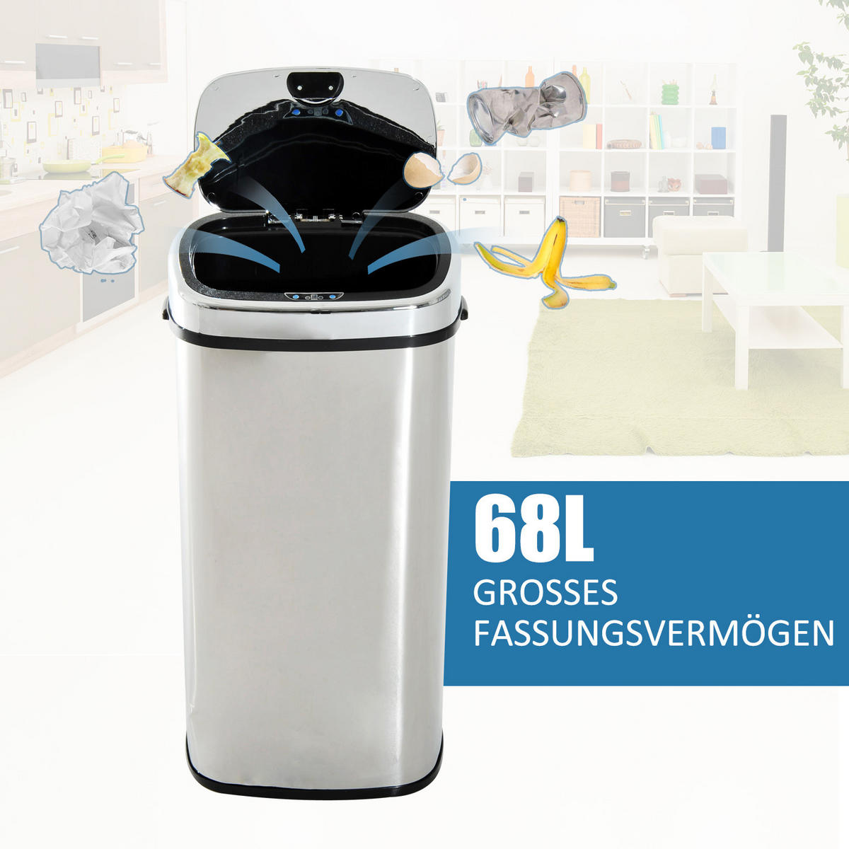 AUTOMATIK Mülleimer Abfalleimer mit Sensor Küche Edelstahl viereckig 68L - Silberfarben, Metall (29.5/78/40.5cm) - HOMCOM