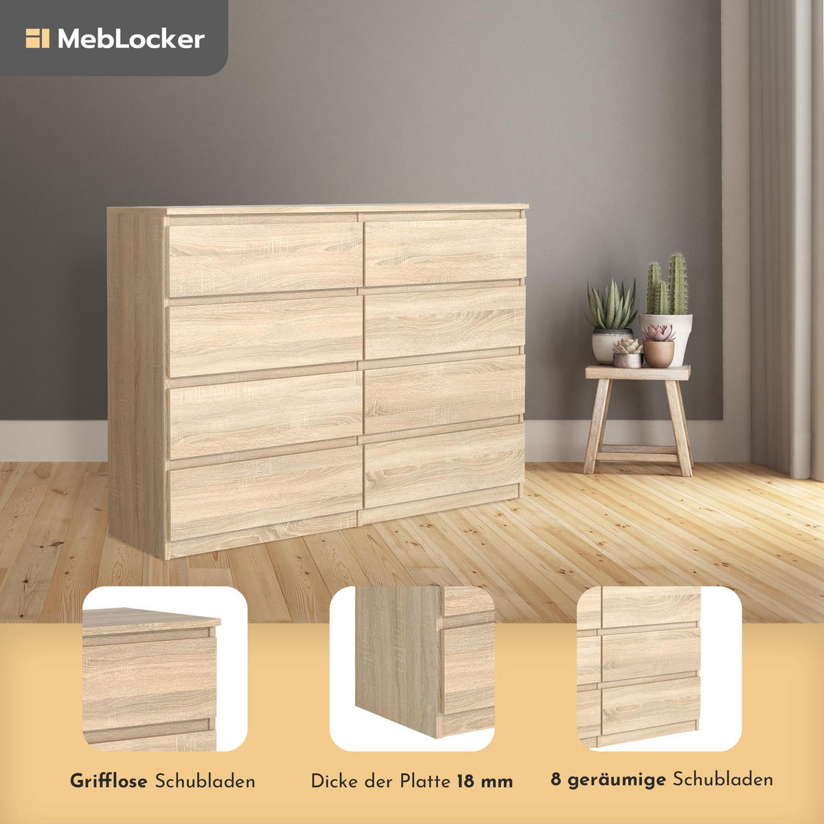 KOMMODE mit 8 Schubladen 140 cm SonomaEiche - Sonoma Eiche, Holzwerkstoff (138.5/101.5/39cm) - MebLocker