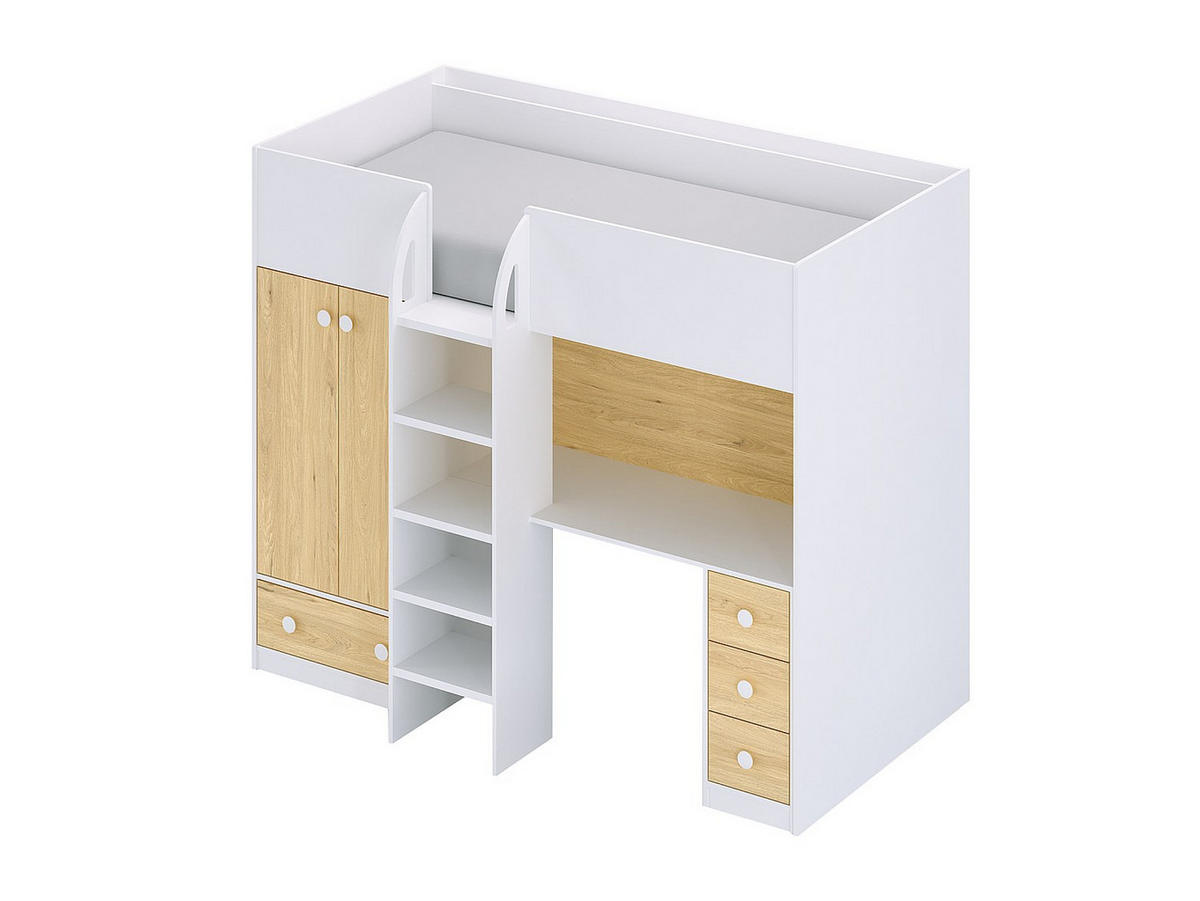 HOCHBETT mit Kleiderschrank & Schreibtisch - 90 x 190 cm - Weiß & Holzfarben + Matratze - CINAMO - Naturfarben, Holz (120.8/196cm) - Vente-Unique