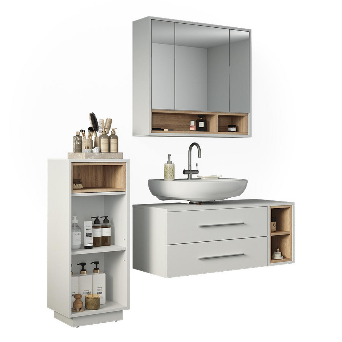 BADMÖBEL-SET Beatrice, Weiß/Sonoma, 3-teilig - Weiß/Sonoma Eiche, Holzwerkstoff (100/40/40cm) - Vicco
