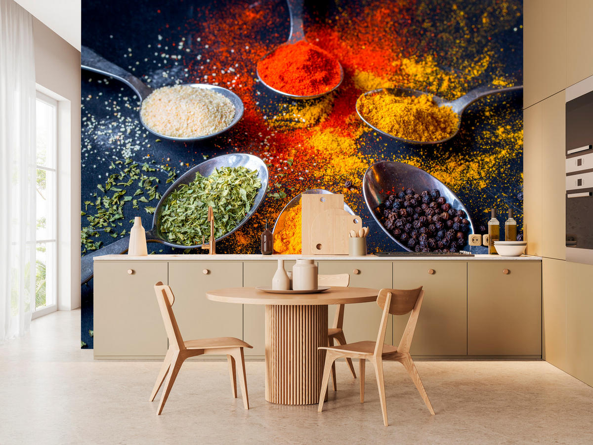 FOTOTAPETE für Küche Gewürzlöffel Orientalisch Curry Kurkuma Pfeffer 350x256 - Beige/Rot, Papier (350/256cm) - Muralo
