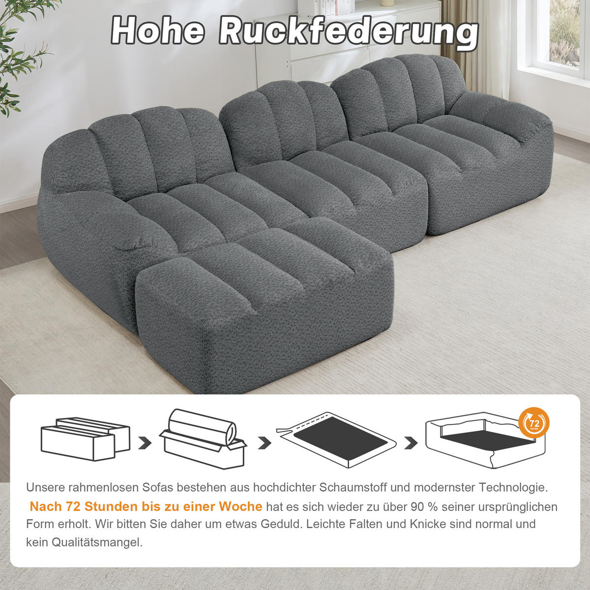 ECKSOFA 288/165/79 cm Grau Granulatvlies mit 1 Fußhocker - Grau, Textil (288/165cm) - Oxeza