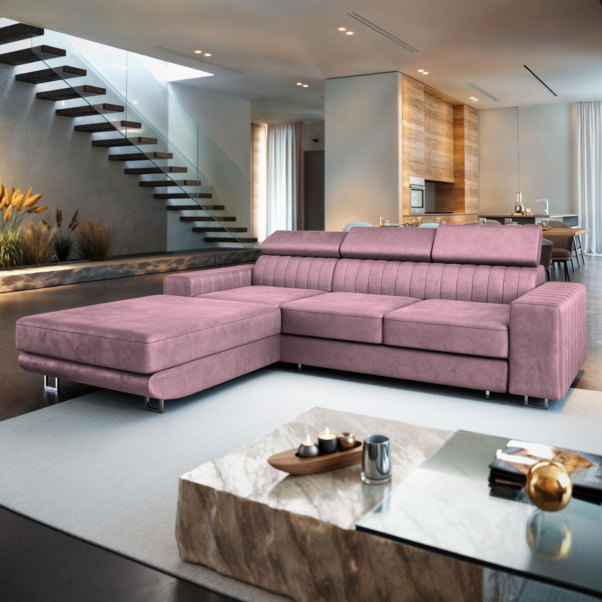 ECKSOFA NOTO L-S Lila Velours-Stoff mit Schlaffunktion - Lila, Holz (267/190cm) - MASSENO