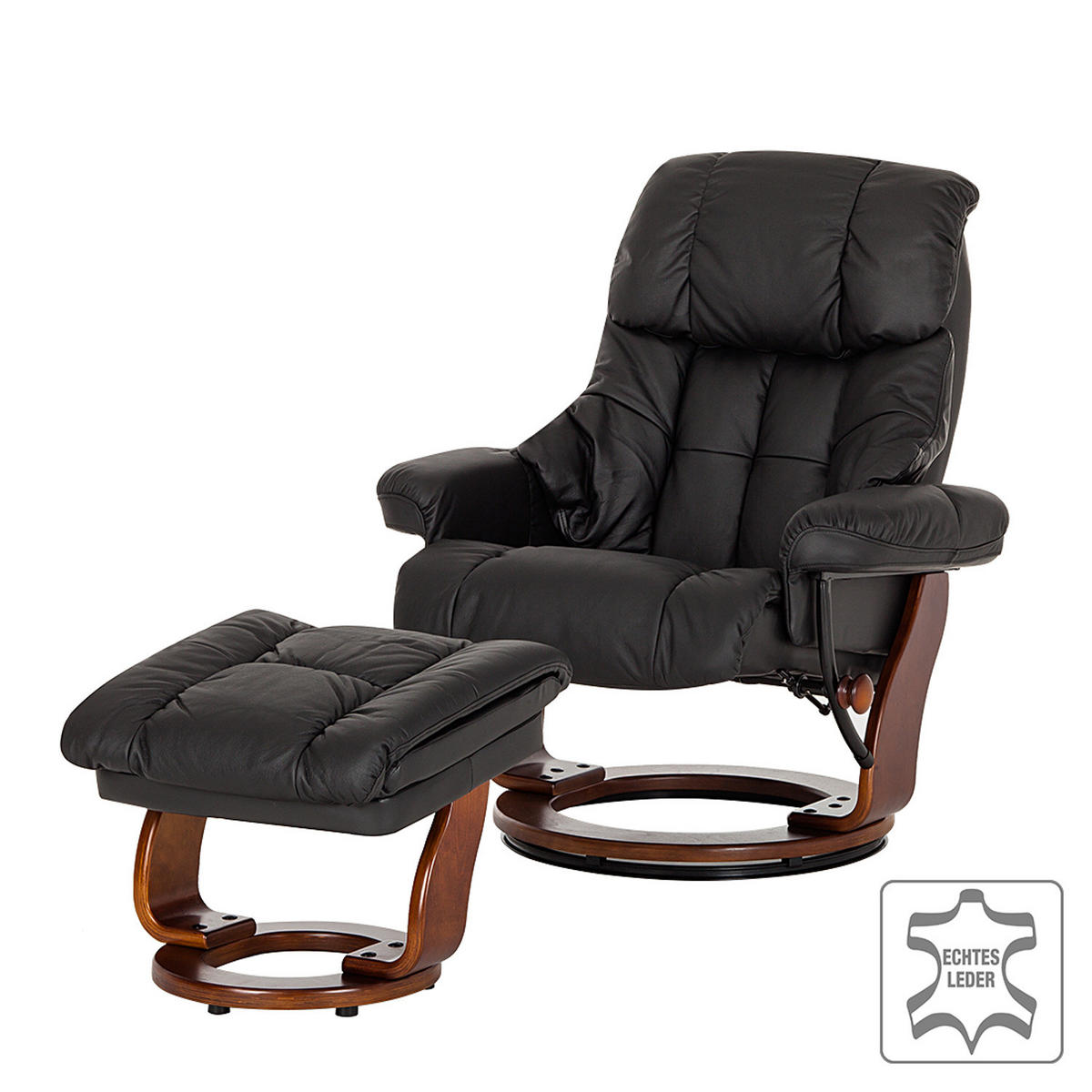 RELAXSESSEL mit Hocker - Echtleder / Kunstleder - Schwarz/Braun, Leder/Birkenholz (90/104/91cm) - home24