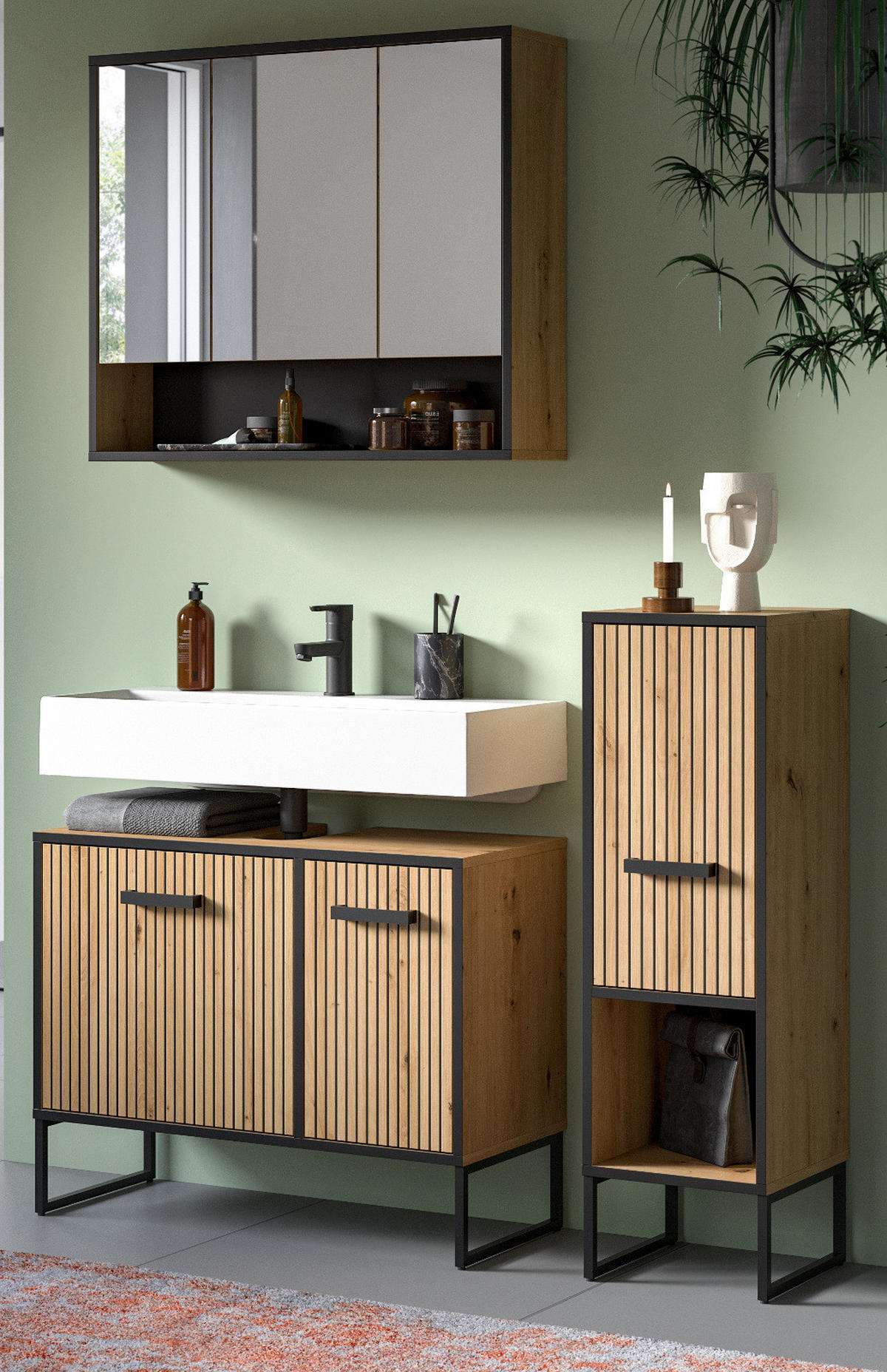 BADMÖBEL-SET 3-teilig Eiche Artisan, schwarz 125 cm, Badkombination mit Soft-Close - Schwarz/Eiche Artisan, Glas/Holzwerkstoff (125/192/36cm) - Inn.Furn