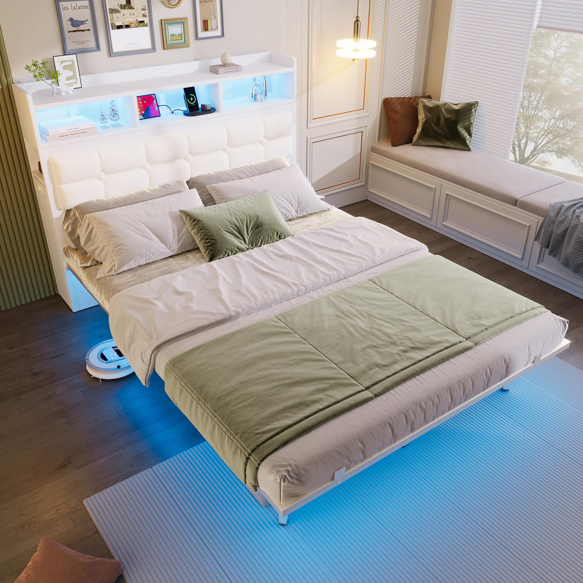 DOPPELBETT 140/190 cm Weiß mit LED-Beleuchtung und USB-Ladefunktion aus Metall - Weiß, Metall (140/190cm) - OKWISH