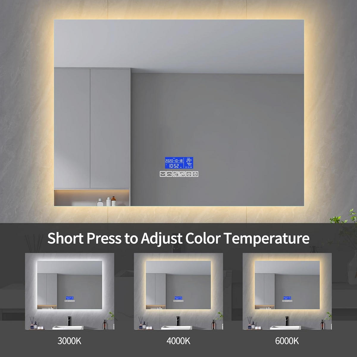BADEZIMMERSPIEGEL mit LED, Rechteck 60 x 140 cm, Anti-Beschlag, Temperaturanzeige und 3 Anpassbare Helligkeit - Transparent, Glas (140/4/60cm)