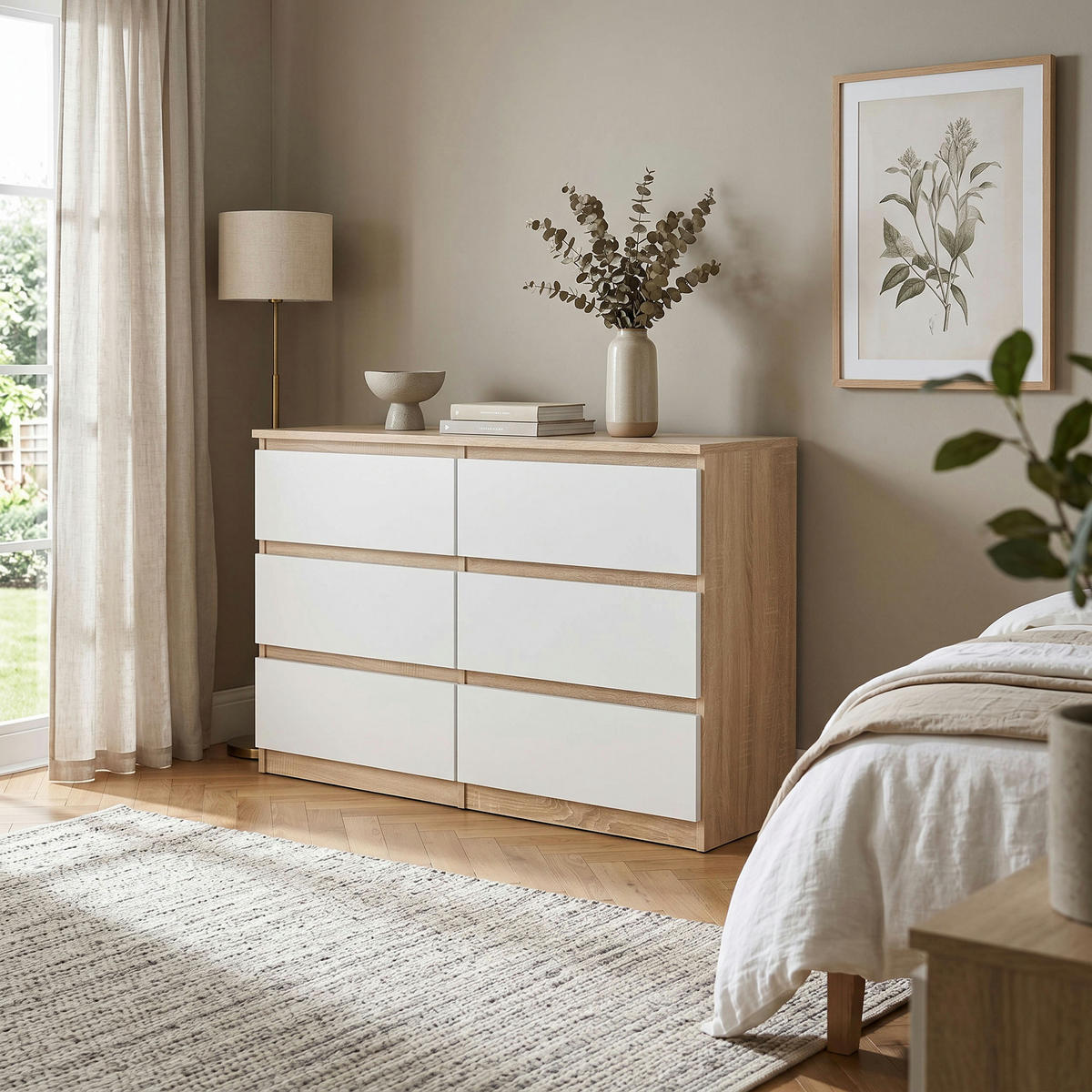 KOMMODE NUDO 120/78,5/39cm mit 6 Schubladen Türen Sonoma Eiche - Weiß/Sonoma Eiche, Holzwerkstoff (120/78.5/39cm) - MASSENO