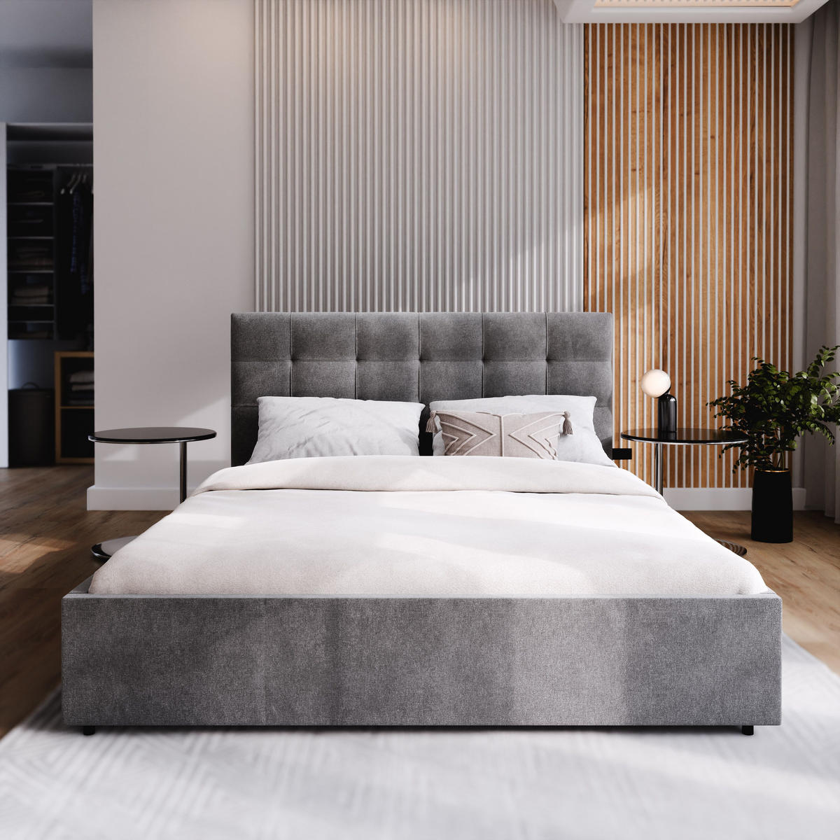 POLSTERBETT APE 120x200 cm mit Bettkästen - Grau - Grau, Holz/Textil - MASSENO