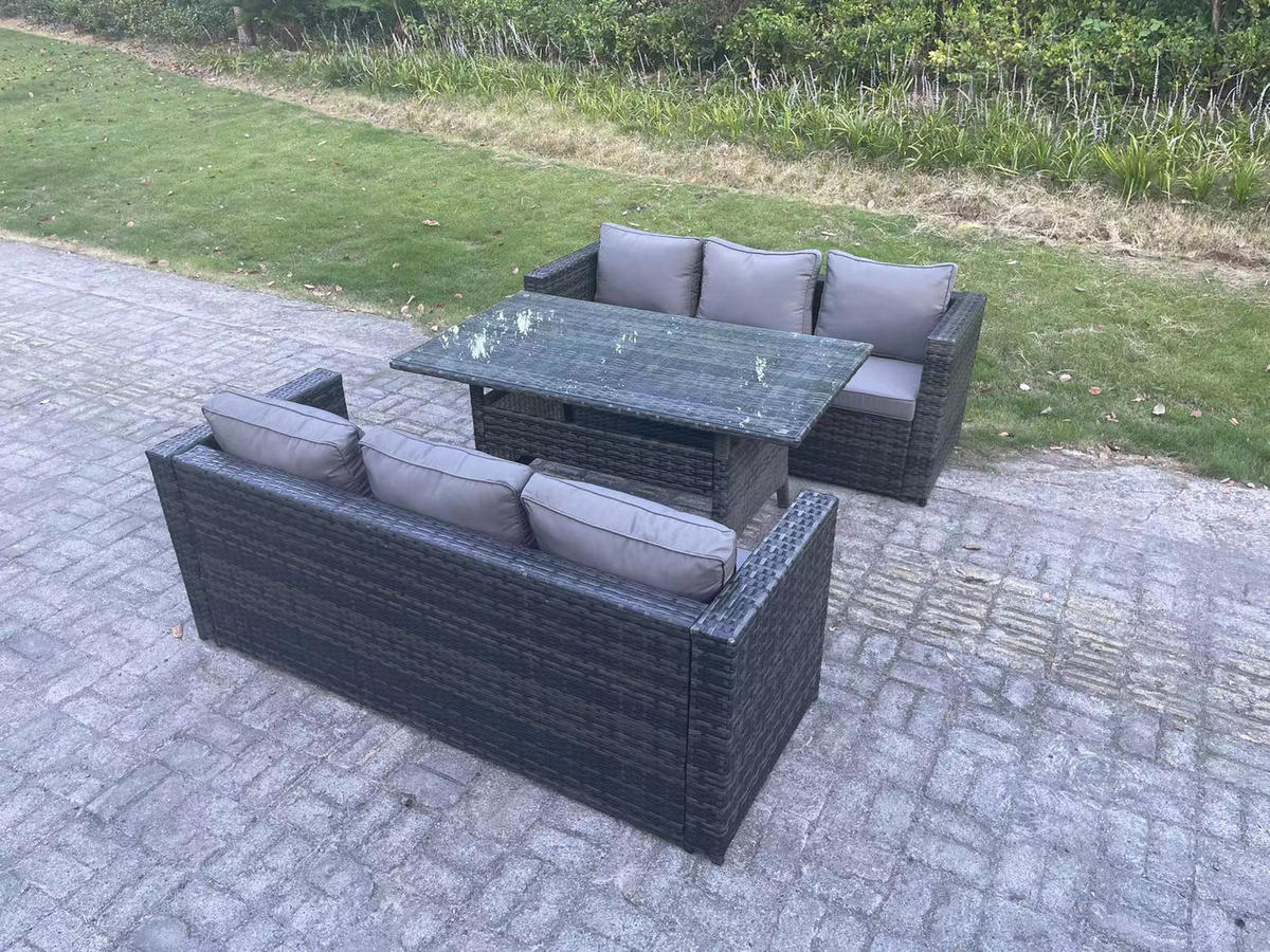 LOUNGEGARNITUR Polyrattan Dunkelgrau 6-Sitzer - Dunkelgrau/Grau, Glas/Kunststoff - Fimous