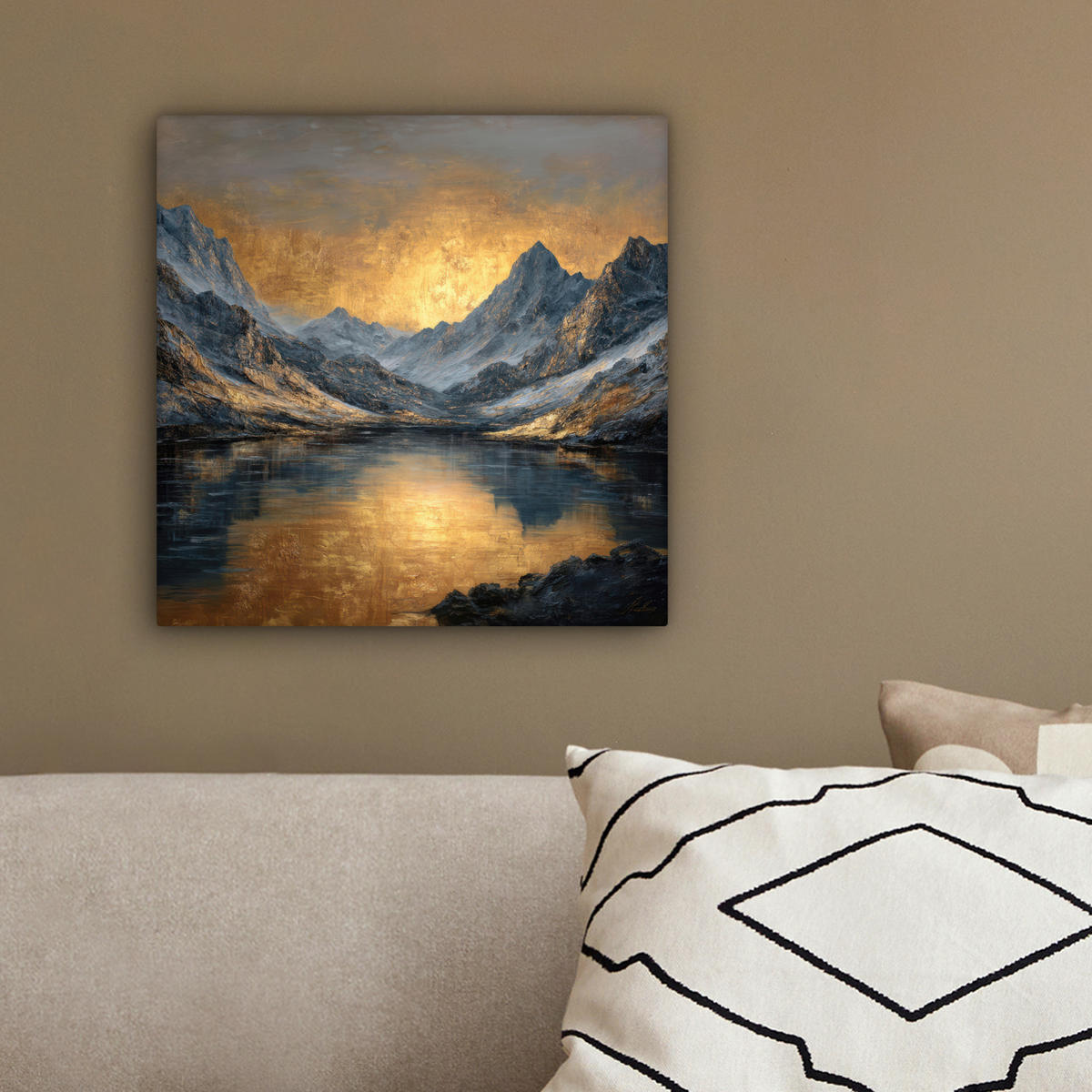 LEINWANDBILD Bergkulisse mit goldenem Sonnenuntergang Deko Wohnzimmer 20x20 cm - Goldfarben, Textil (20/20cm) - MuchoWow