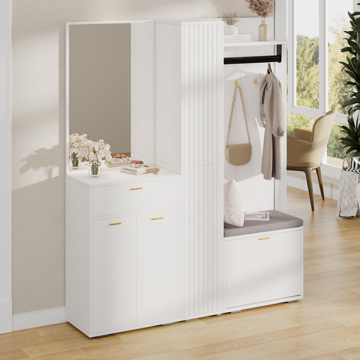 GARDEROBE Weiß Spiegel Bank 3 Türen Schuhregal 150x36x180cm - Weiß, Holzwerkstoff (150/180/36cm) - FLIEKS