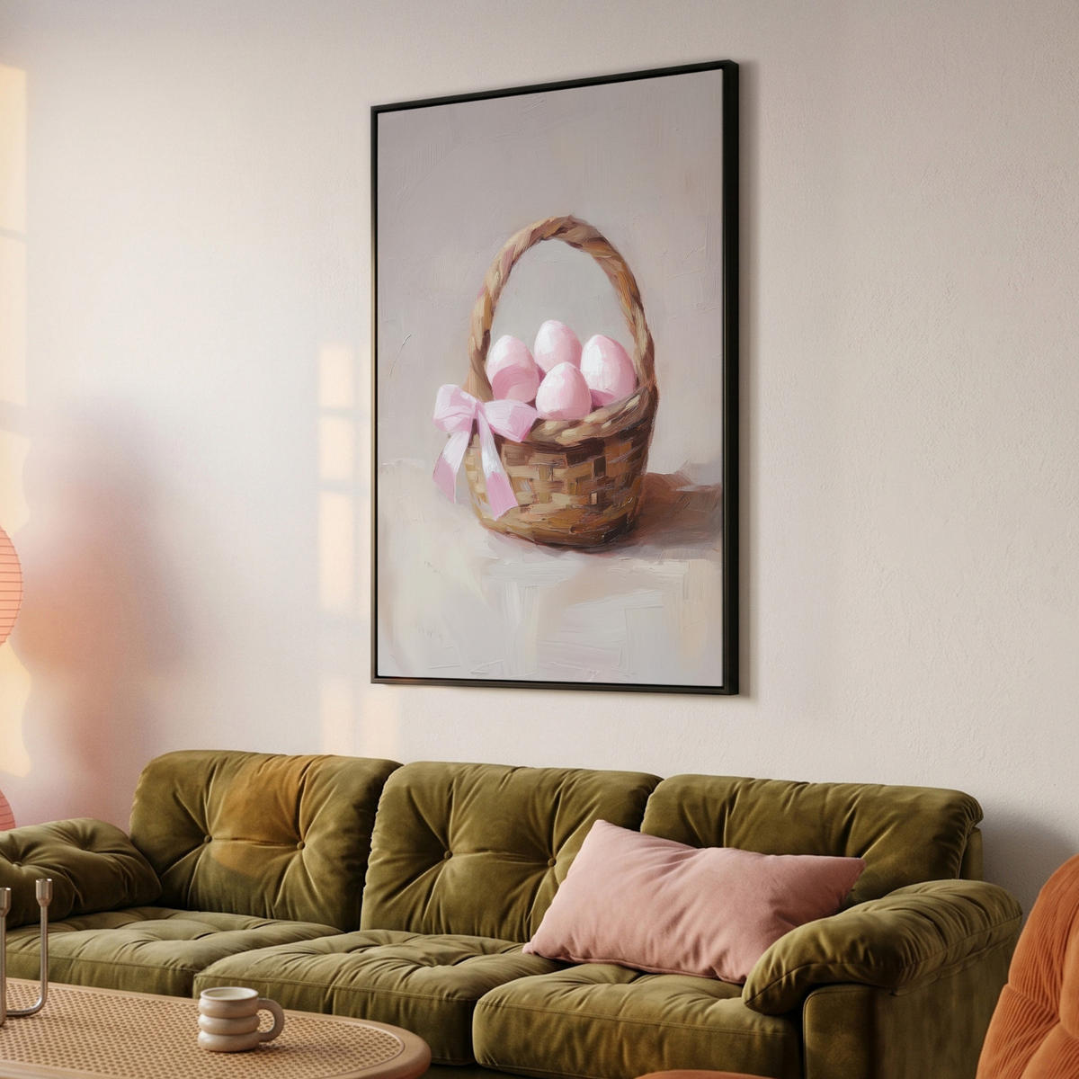 LEINWAND Bilder mit Rahmen - Korb - Eier - Rosa - 80x120 - Beige, Textil (80/120cm) - MuchoWow