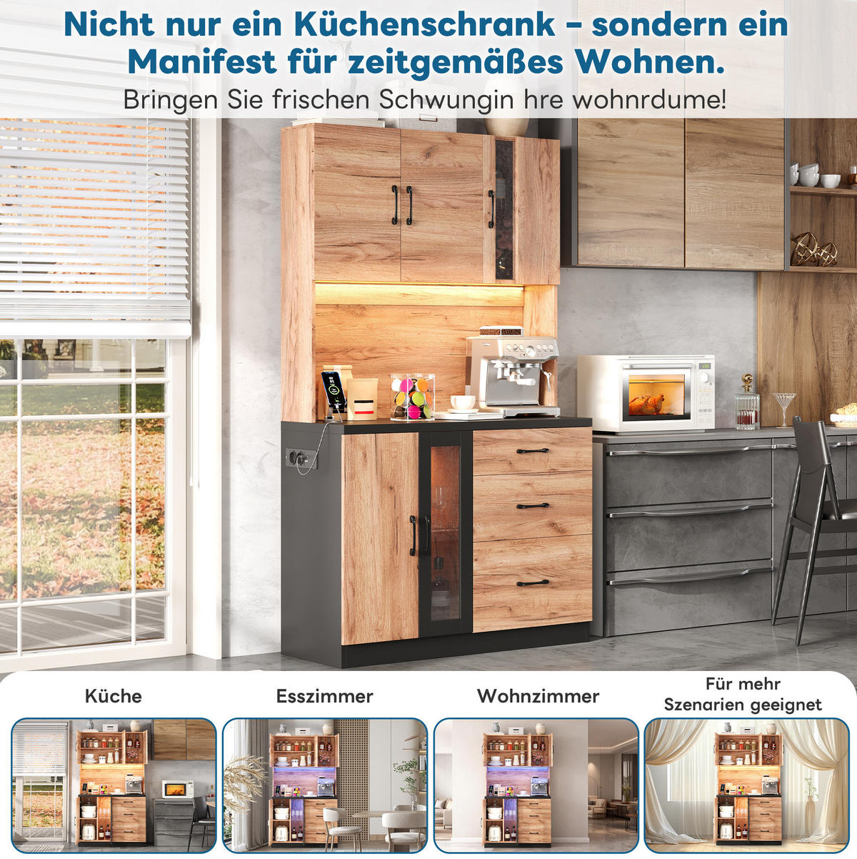 BUFFET aus MDF 105x40x180 cm in Holzoptik/Schwarz mit LED, USB, Steckdosen und verstellbaren Einlegeböden - Naturfarben, Holzwerkstoff (105/180/40cm) - Modfu