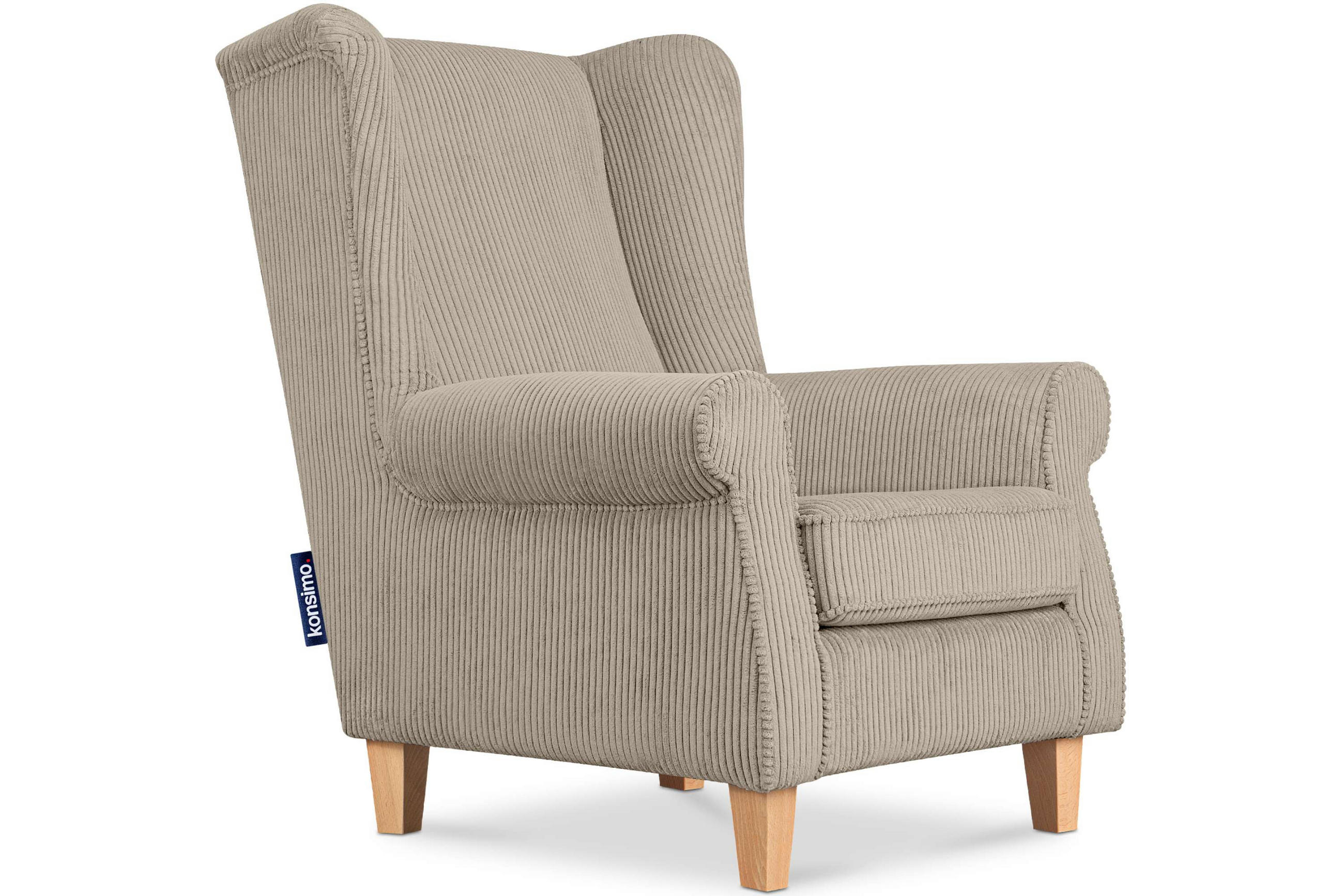 OHRENSESSEL MILES Kord-Bezug Petfriendly, hellbeige - Beige/Creme, Holzwerkstoff/Buchenholz (82/105/97cm) - KONSIMO®