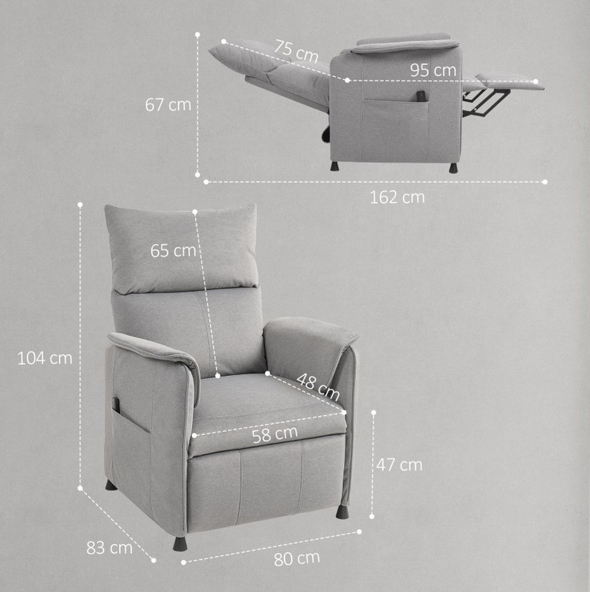 RELAXSESSEL 80/83/104 cm elektrisch mit Fußteil und Memory-Funktion - Grau, Textil (80/104/83cm) - BEAOK