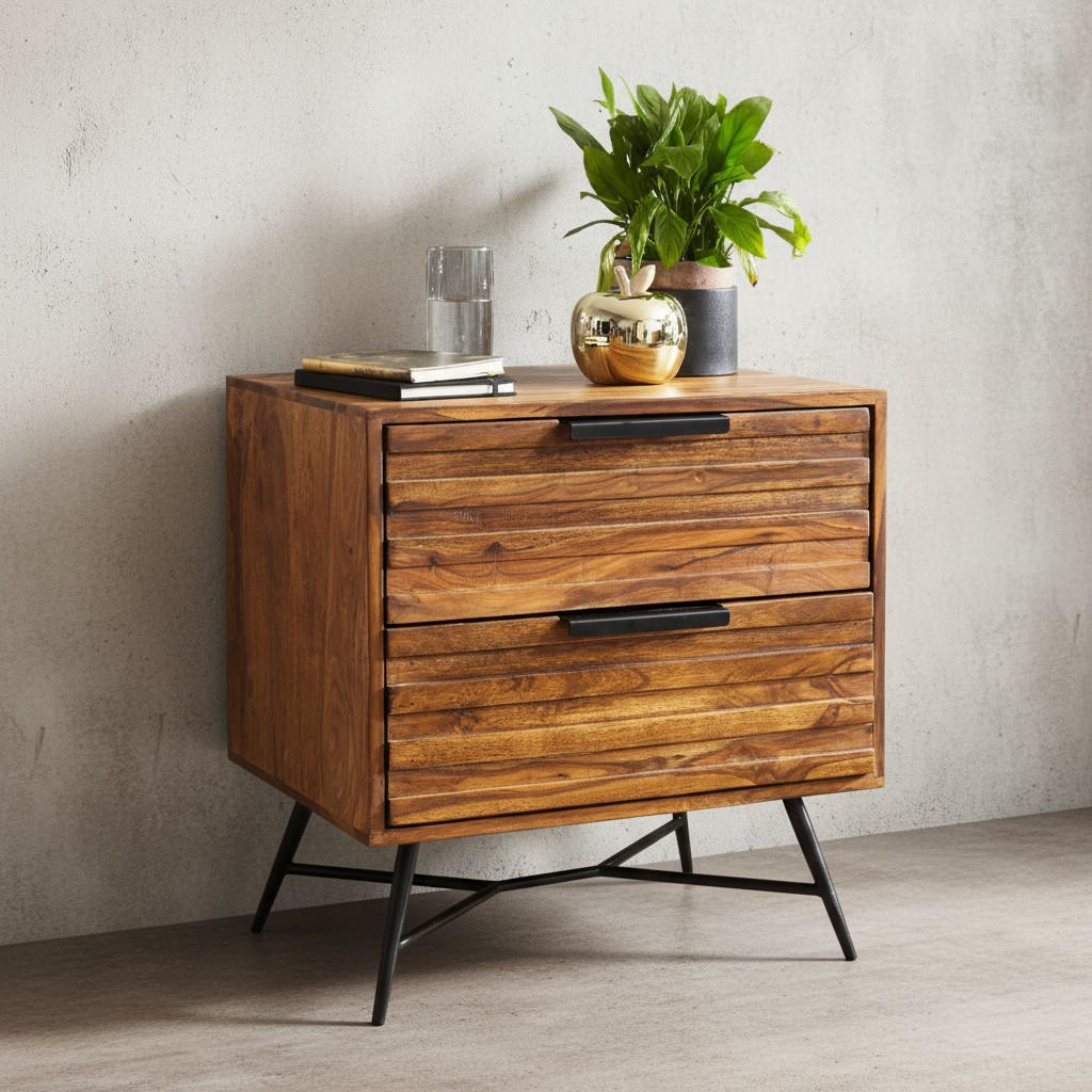 NACHTTISCH – Massivholz/Metall, große Schubladen, Industrial-Stil - Schwarz/Braun, Holz/Metall (60/60/40cm) - KADIMA DESIGN