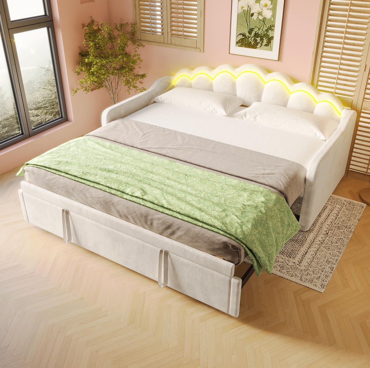 BETT 90/200 cm Beige aus Samt mit Bett und LED-Lichtleiste - Beige, Textil (90/200cm) - OKMYHOME