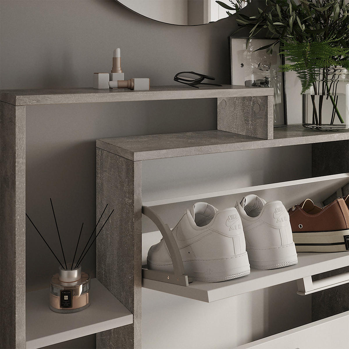 SCHUHKIPPER Orlando Weiß/Beton 80 x 128.3 cm mit 3 Klappfächern - Weiß/Grau, Holzwerkstoff (80/128.3/18.2cm) - Vicco