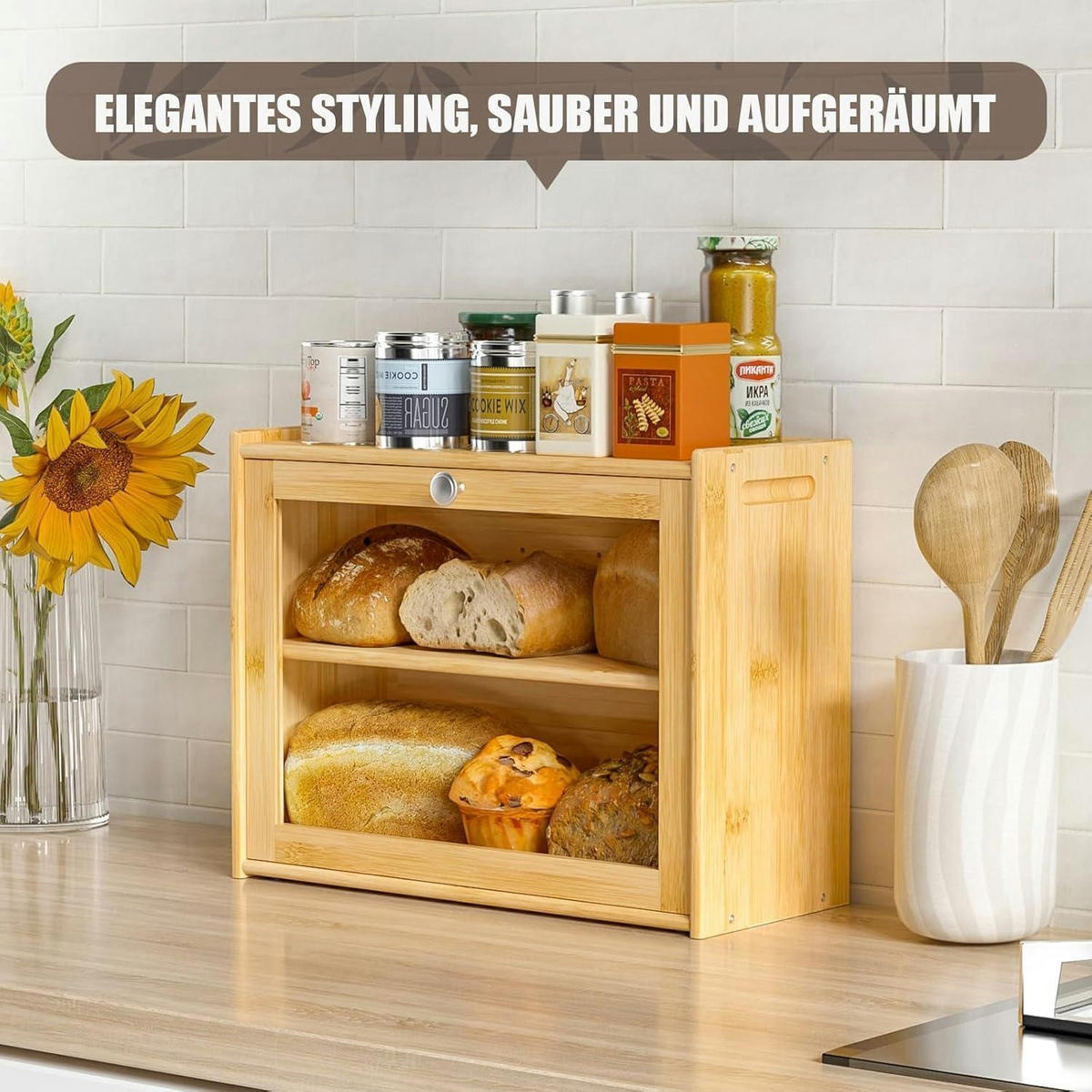 BROTKASTEN Bambus mit 2 Regalen 40 cm - Hellbraun, Naturmaterialien (17.5/31/40cm)