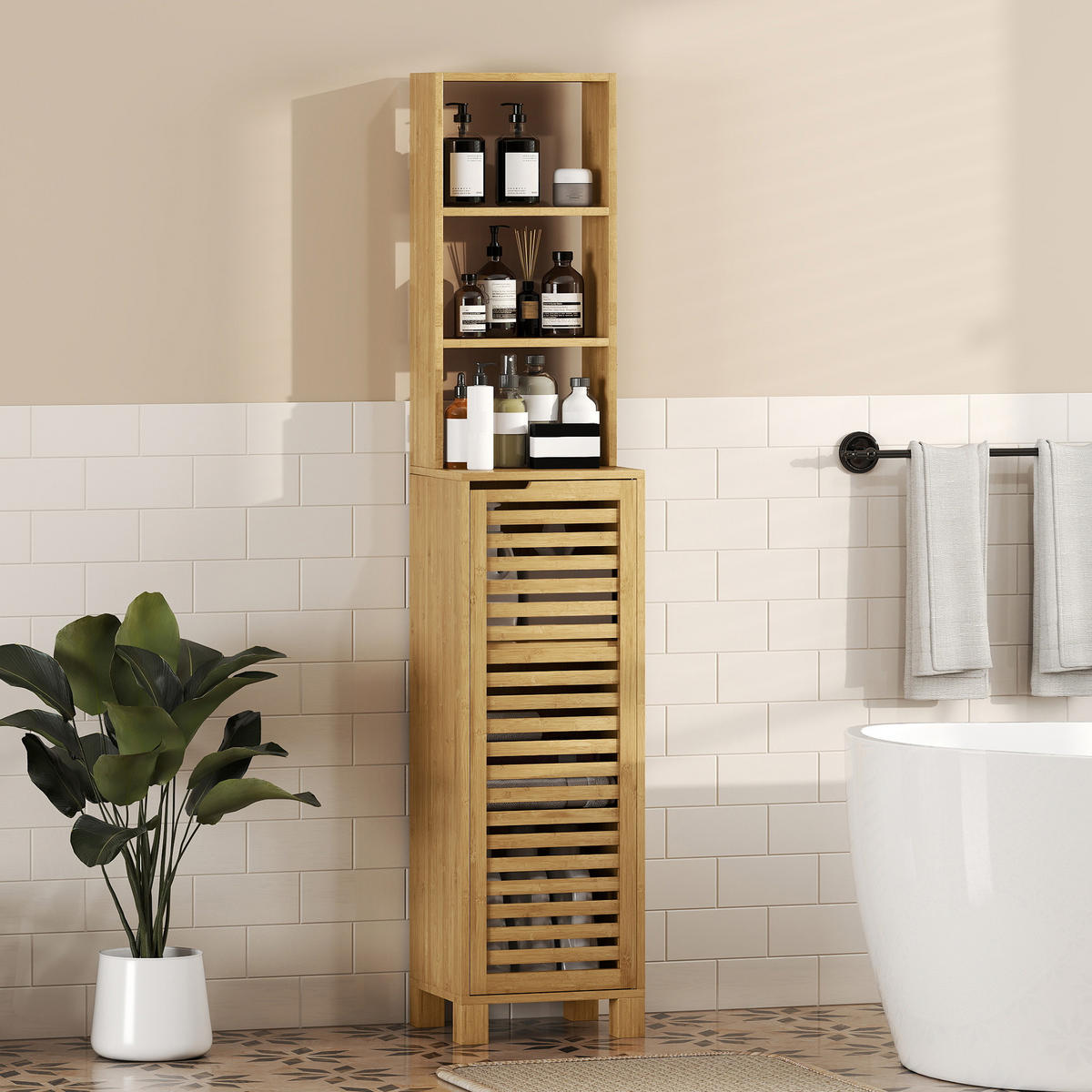 BADEZIMMERSCHRANK schmal, Hochschrank Toilettenschrank mit 3 offenen Regalen - Naturfarben, Naturmaterialien/Bambusholz (30/170/34cm) - HOMCOM