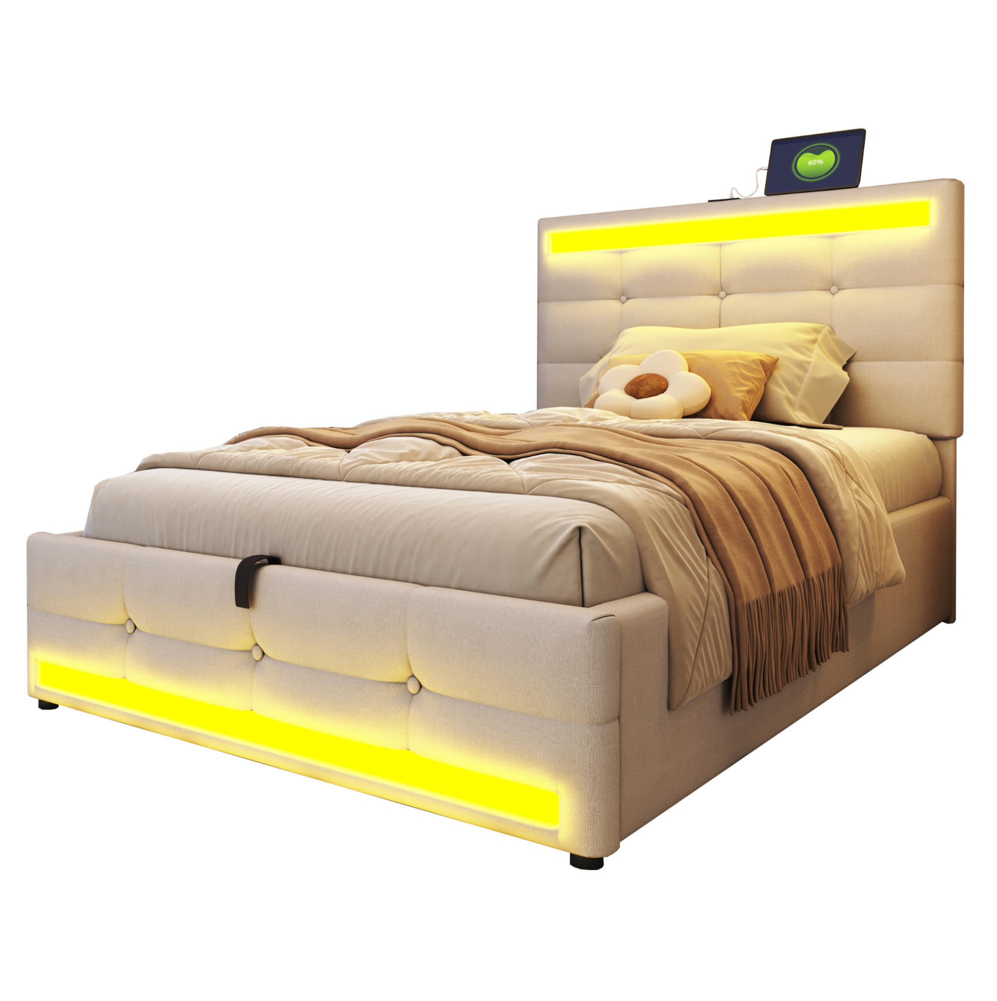 POLSTERBETT 90/200 cm Beige mit LED-Beleuchtung und USB-Anschlüssen - Beige, Textil (90/200cm) - Flora Grace