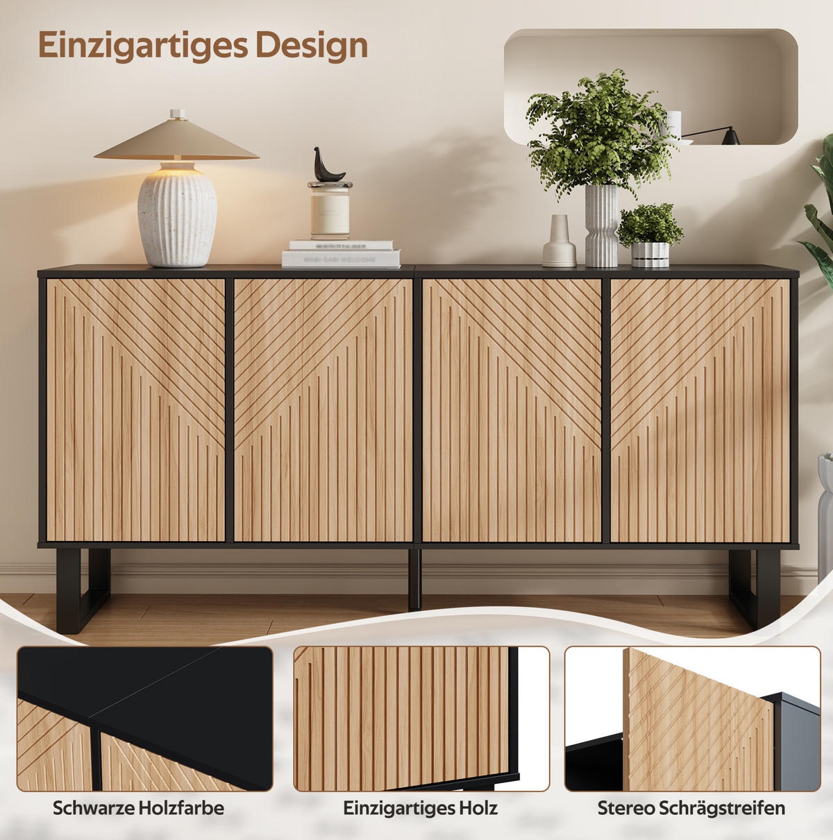 SIDEBOARD 160/38/75 cm Schwarz/Natur aus MDF und Spanplatte mit Stauraum - Schwarz, Holzwerkstoff (38/75/160cm) - OKWISH