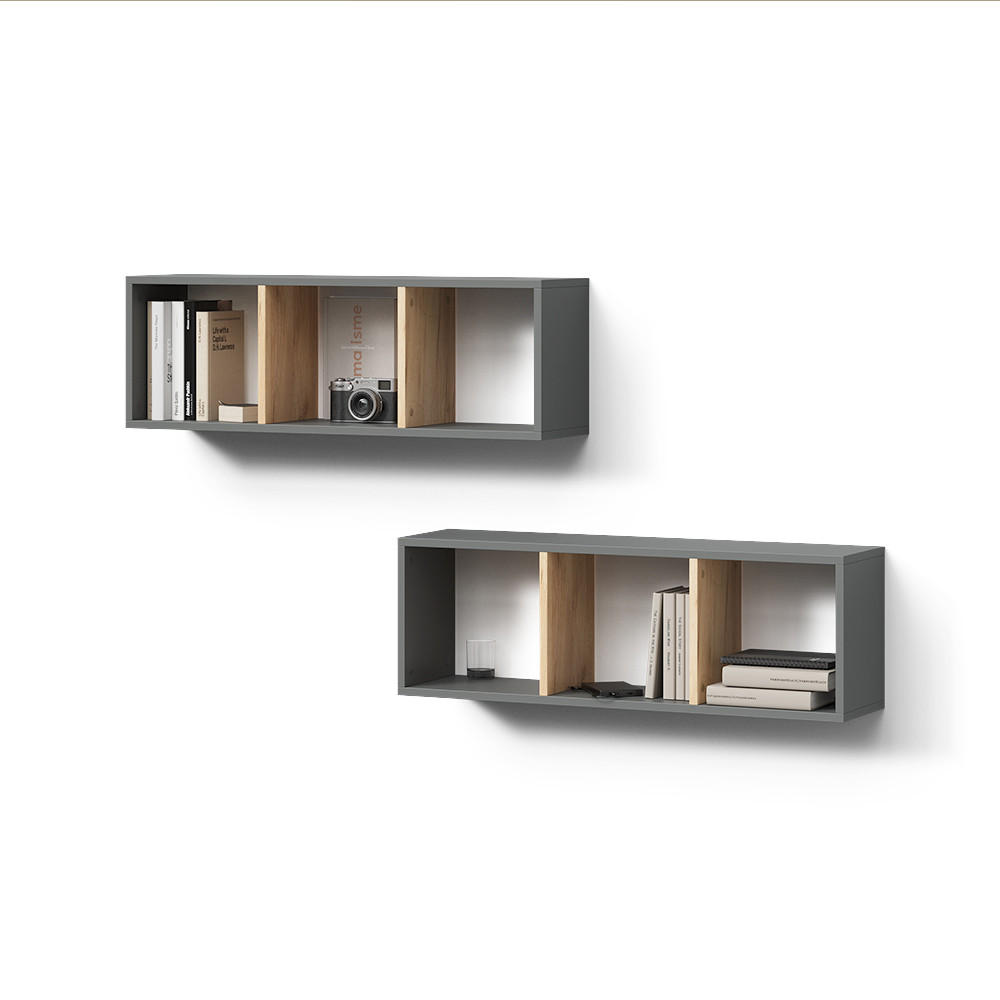 WANDREGAL Lorena Anthrazit/Goldkraft Eiche 90 x 30 cm 2er Set - Anthrazit, Holzwerkstoff (90/30/22cm) - Livinity®