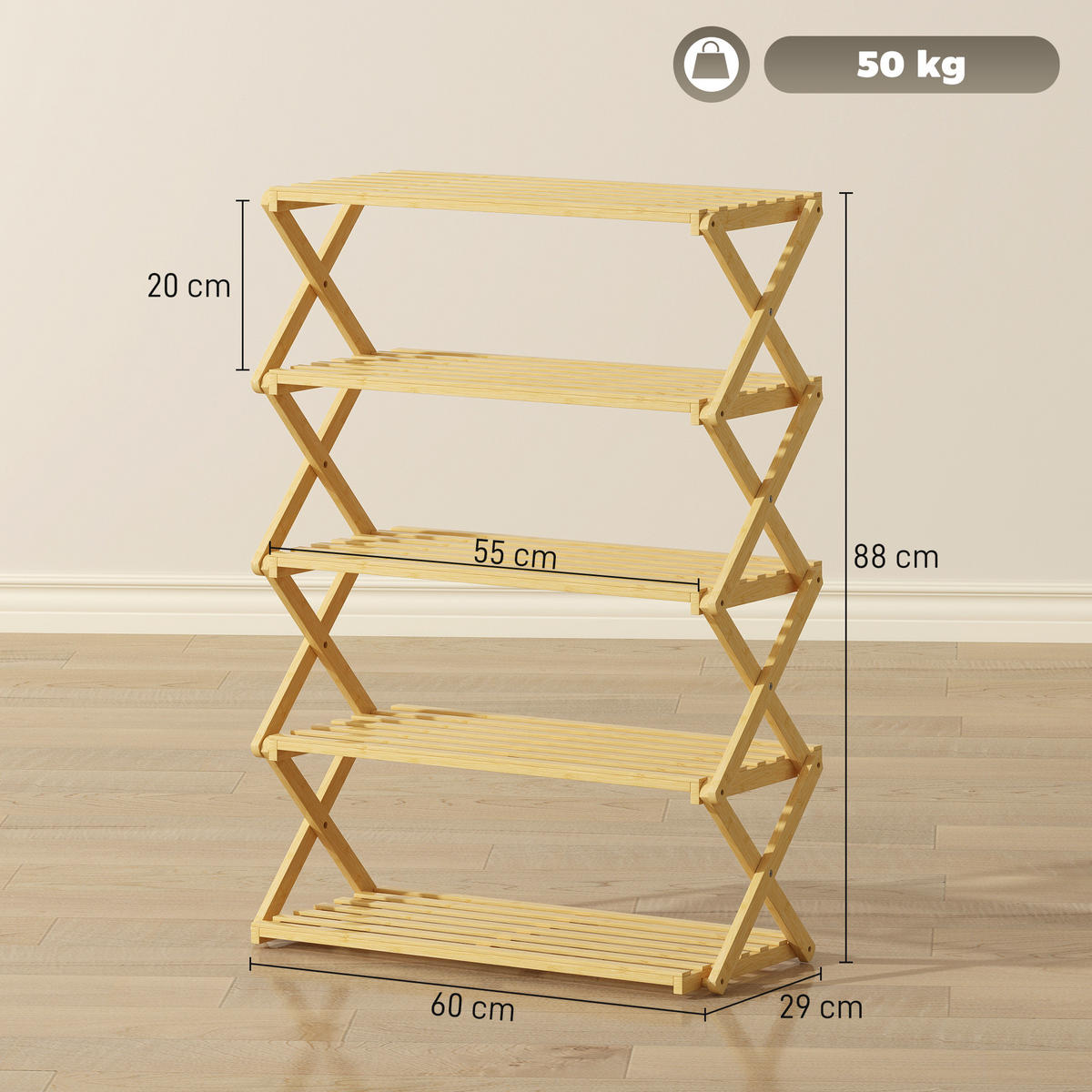 SCHUHREGAL,5-STÖCKIG klappbar Bambus 60x29x88cm,holzfarbe - Beige, Naturmaterialien (60/88/29cm) - Vallsero