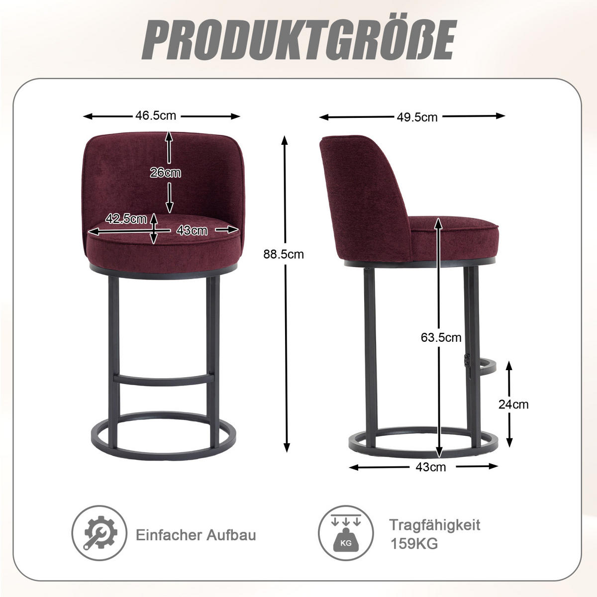 BARHOCKER 2er Set Rot, gepolstert mit Rücken- & Armlehne, Küche/Essbereich - Rot, Metall (46/88/49cm) - PARAFTA HOME