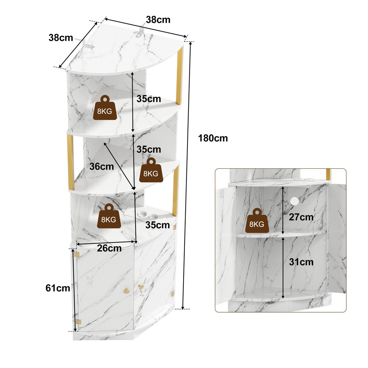 MEHRZWECKSCHRANK DE-38762 38/38/180 cm LED-Beleuchtung und 2 Türen Marmoroptik/Gold - Weiß, Holzwerkstoff (38/180/38cm) - ComfortXL