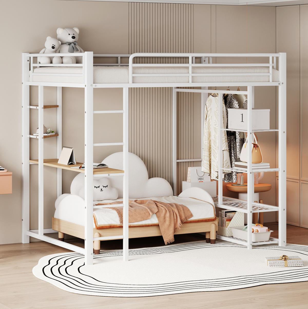 HOCHBETT 140/200 cm Weiß mit Schreibtisch und Kleiderschrank - Weiß, Metall (140/200cm) - MIVRAY