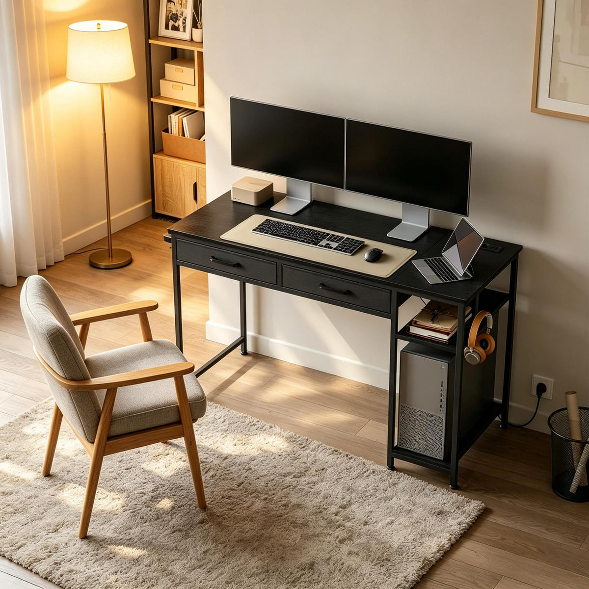 GAMINGTISCH Schwarz 120/51/75 cm mit Stromanschluss USB Typ-C und Stoffschubladen - Schwarz, Holzwerkstoff (51/120/75cm) - PANGIVO