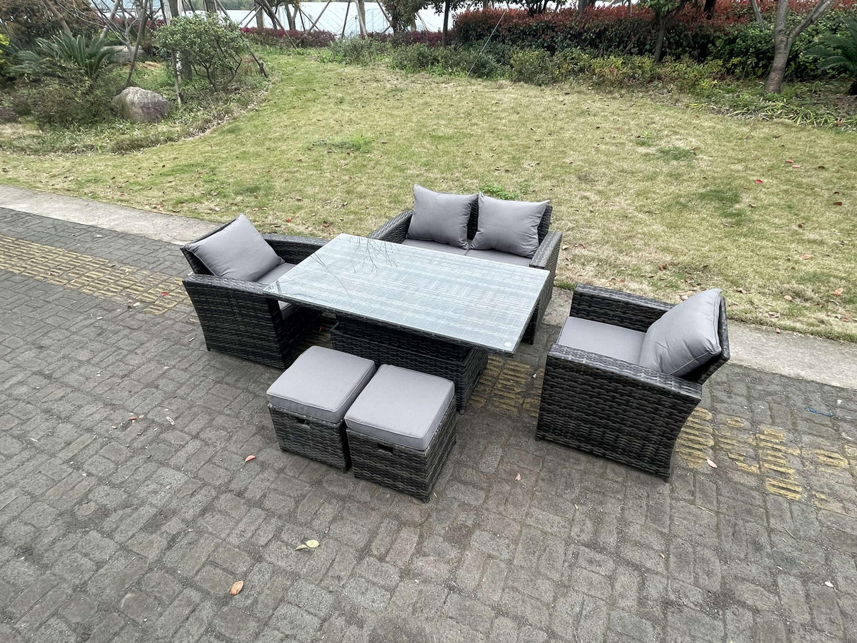 GARTENMÖBEL-SET HÖHENVERSTELLBARER ESSTISCH SESSEL SOFA MIT HOCKER Polyrattan Dunkelgrau 6-Sitzer - Dunkelgrau, Metall - Fimous