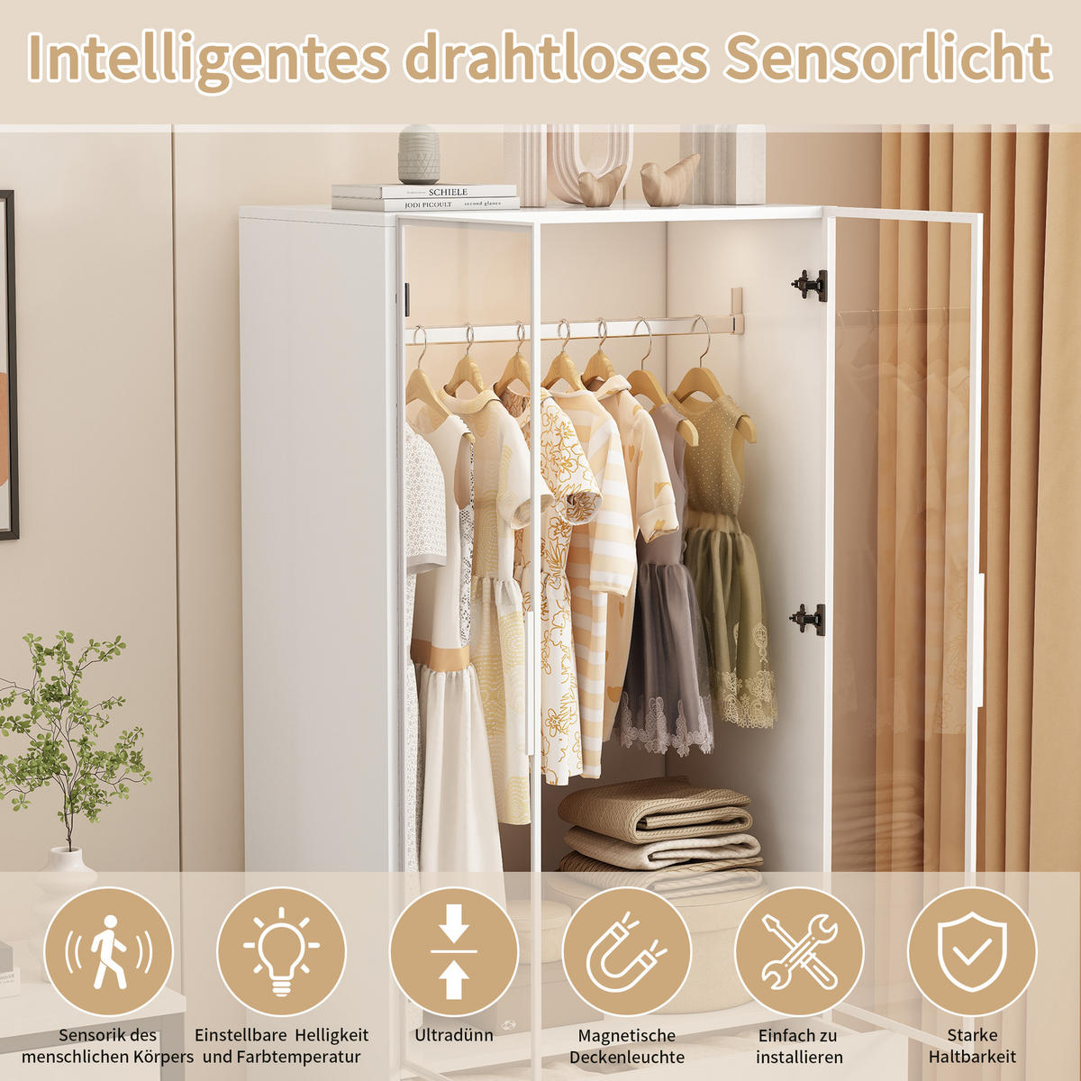 KLEIDERSCHRANK 80x50x175 cm LED Glastür Kleiderstange 2 Schubladen weiß - Weiß, Holz (80/175/50cm) - LEBENLANG