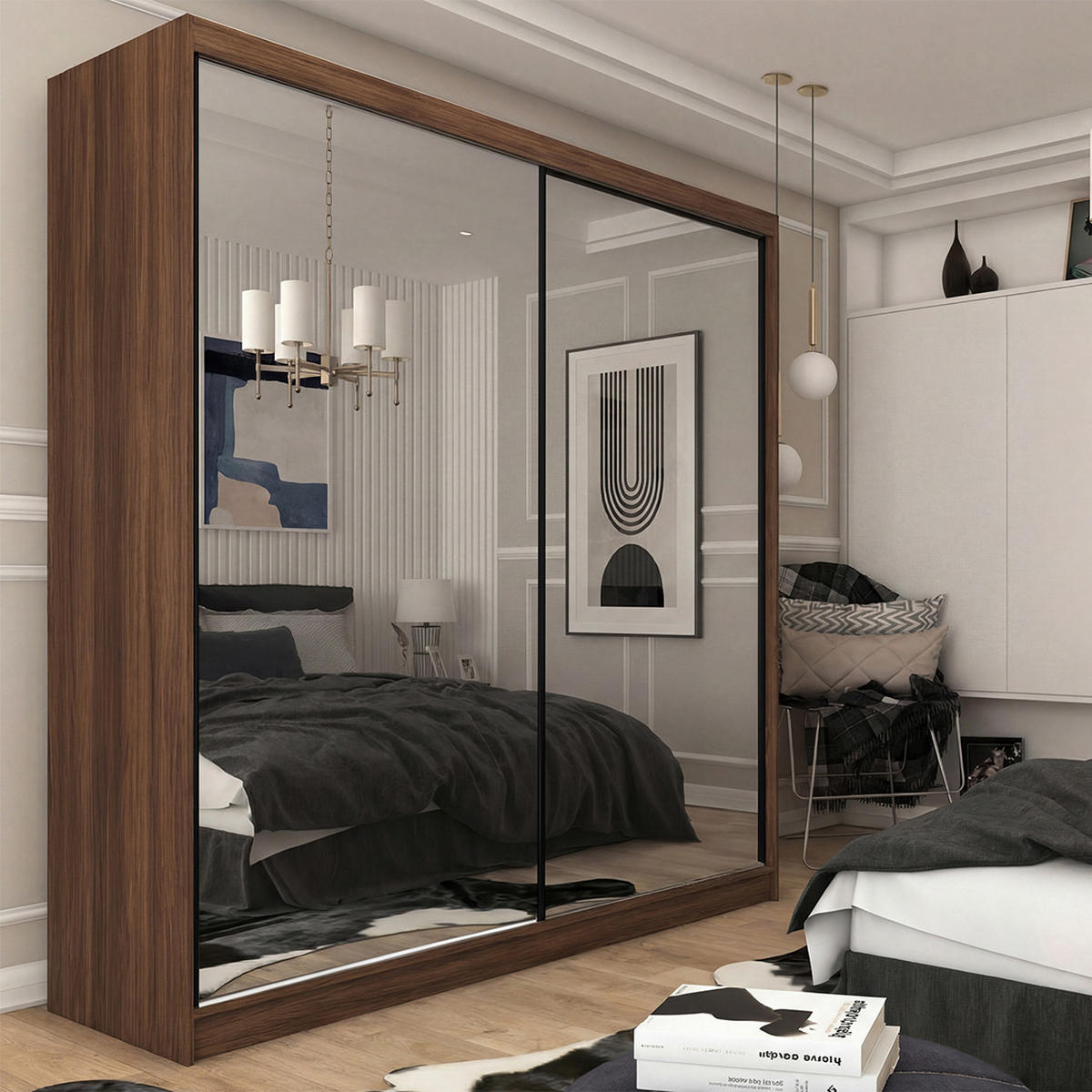 SCHWEBETÜRENSCHRANK Debra II mit Schubladen und Spiegel 200/216/61 Walnuss - Walnussfarben, Holzwerkstoff (200/216/61cm) - Beautysofa