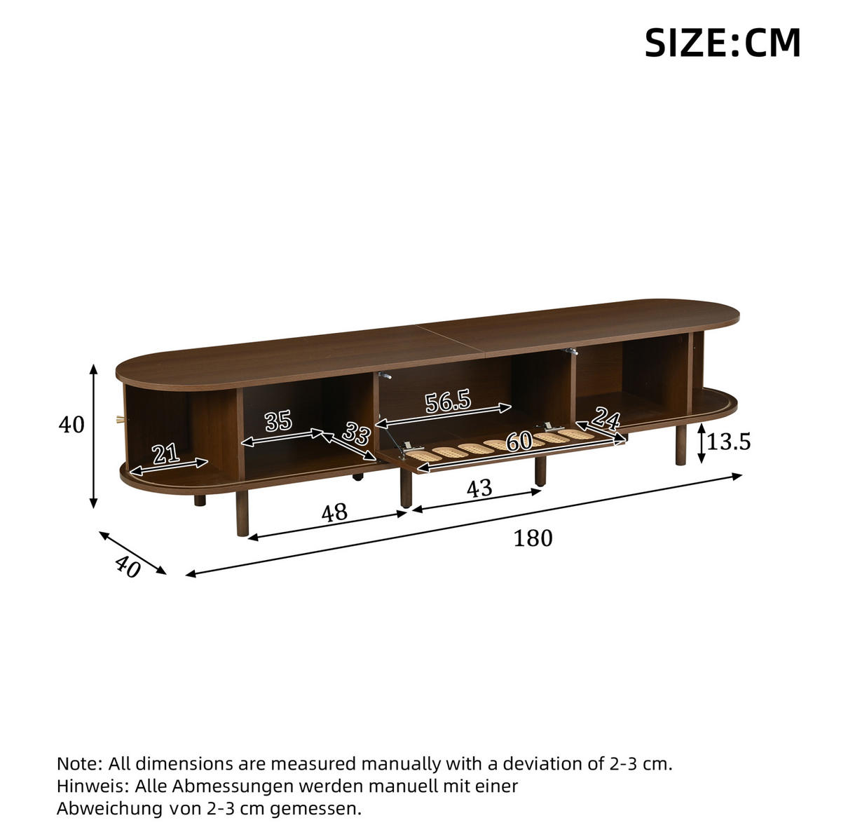 TV skrinka 180/40/40 cm tmavý orech z MDF s ratanovým vzhľadom a roletovými dvierkami - hnedá, kompozitné drevo (180/40/40cm) - OKWISH