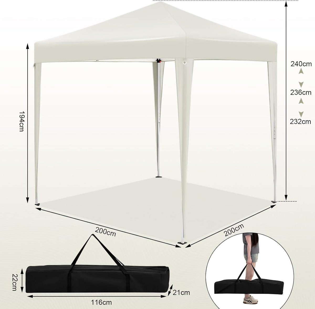 PAVILLON 2x2m mit 4 Seitenwänden UPF 50+ UV Schutz Beige - Beige, Kunststoff/Metall (200/240/200cm) - Woltu