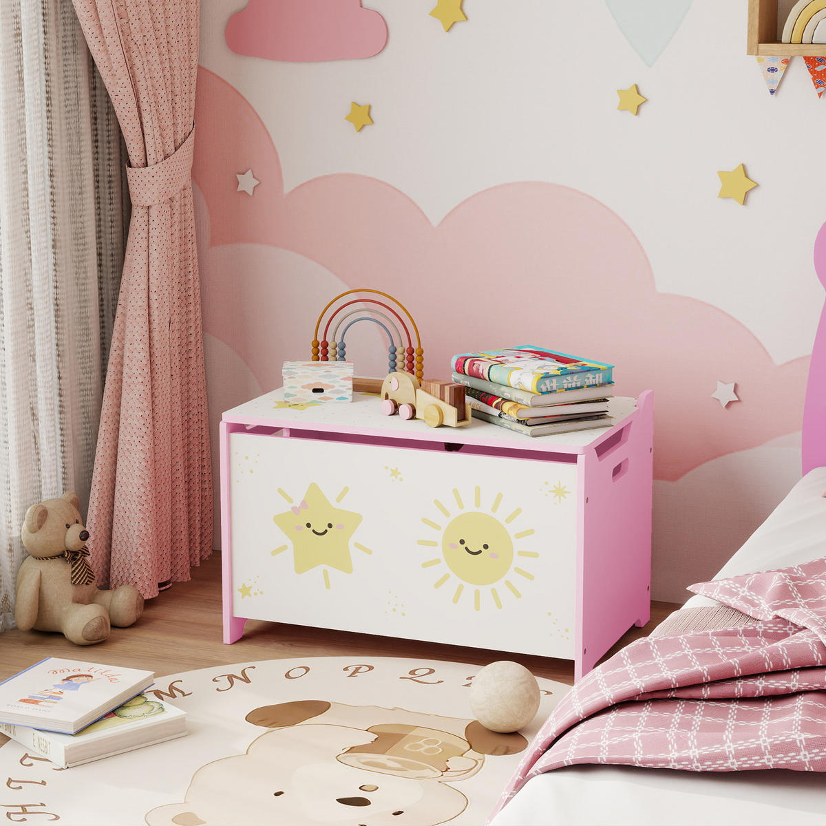 SPIELZEUGTRUHE DE-17257 mit Sicherheitsdeckel & Gasdruckdämpfer Rosa - Pink, Holzwerkstoff (37/60cm) - ComfortXL
